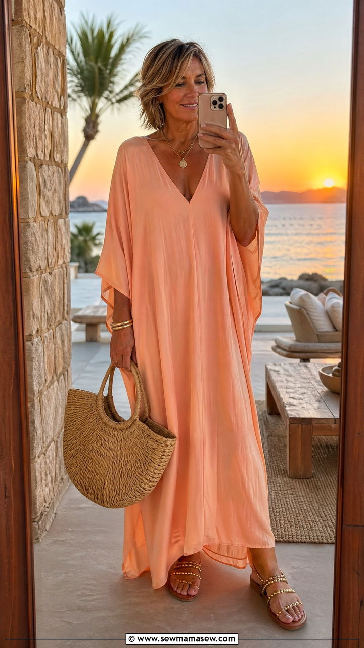 Peach Rayon Blend V Neck Caftan With Gold Beaded Sandals - 35 Summer outfits for women over 50