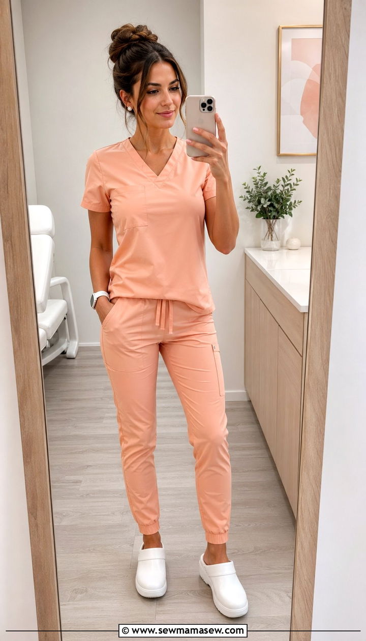 Peach Scrubs with White Clogs - 35 Scrubs outfit ideas