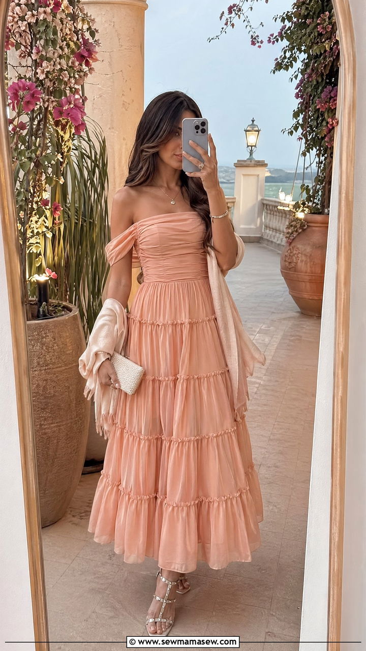 Peach Tiered Maxi Dress with Silver Sandals - 35 chic wedding guest outfits for women