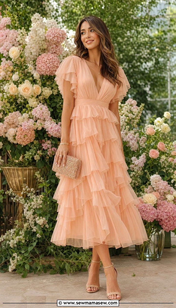 Peach Tiered Ruffle Dress - 30 Wedding guest outfits spring 2026
