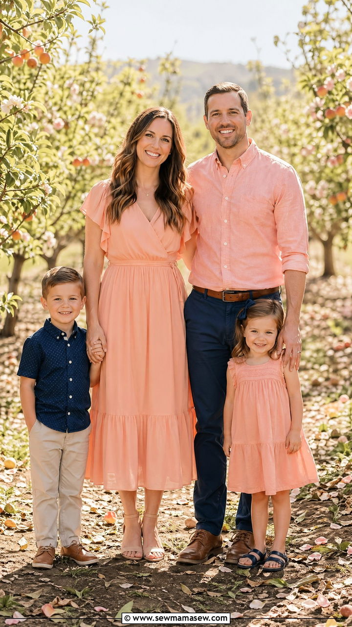 Peach and Soft Navy Spring Family Look - 35 spring family photoshoot outfit ideas