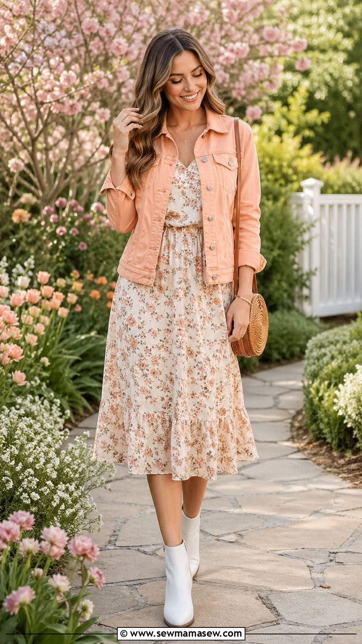 Peach denim jacket with a floral midi dress - 40 All peach outfit ideas