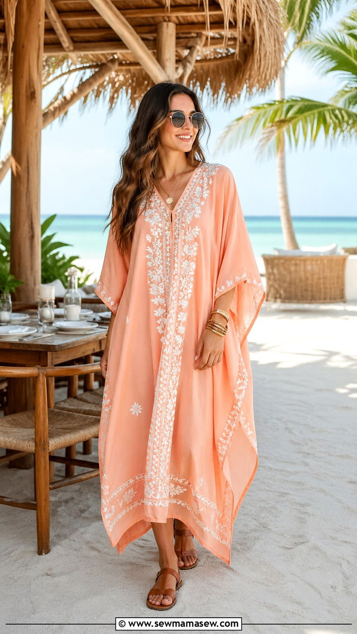 Peach kaftan dress with flat leather sandals - 40 All peach outfit ideas