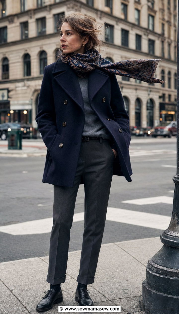 Peacoat With Scarf And Tailored Trousers - 30 Windy day outfit ideas