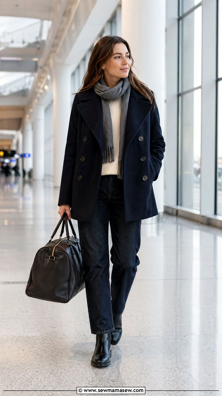 Peacoat and Dark Straight Leg Jeans with Chelsea Boots - 40 Airport outfit ideas