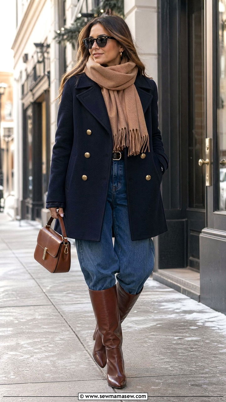 Peacoat and Knee High Boots with Wide Leg Jeans - 35 wide leg jeans outfits for women
