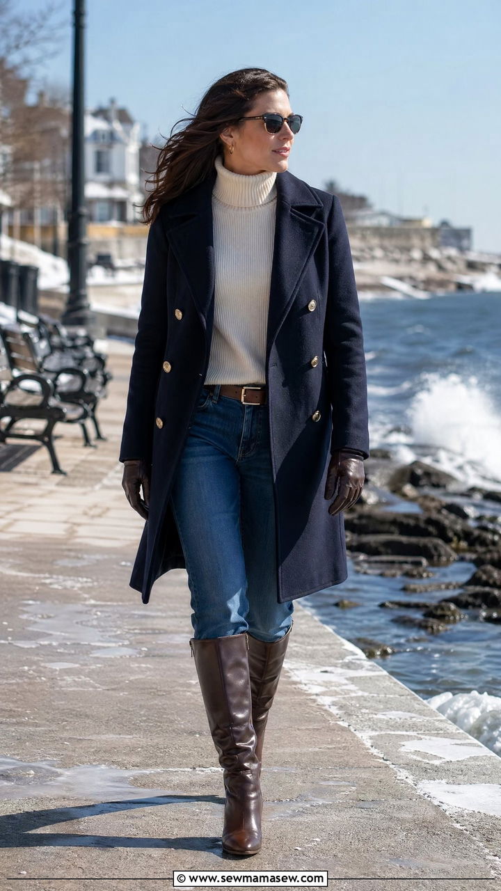 Peacoat with Straight Leg Jeans and Knee High Boots - 35 casual straight leg jeans outfits