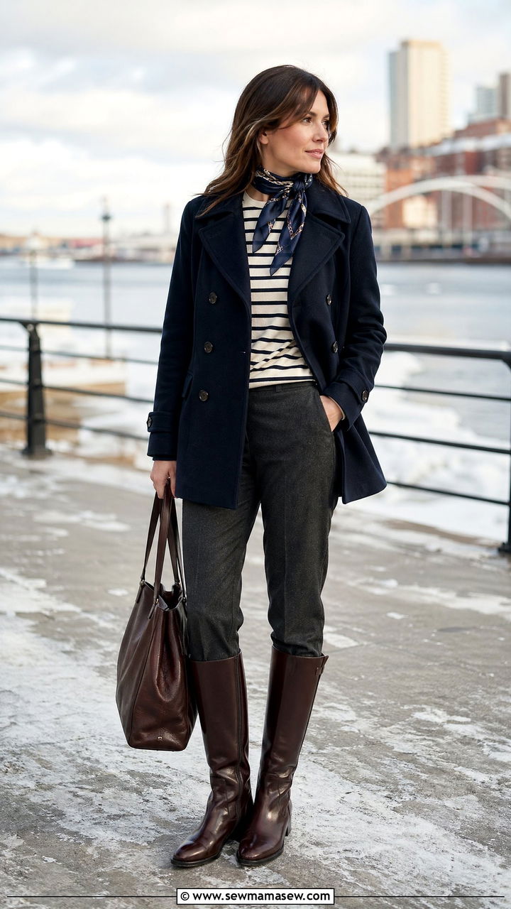 Peacoat with Straight Leg Trousers and a Breton Top - 35 Timeless outfit ideas for older women