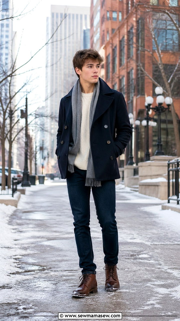 Peacoat with scarf senior picture outfit - 30 Senior portrait outfit ideas guys