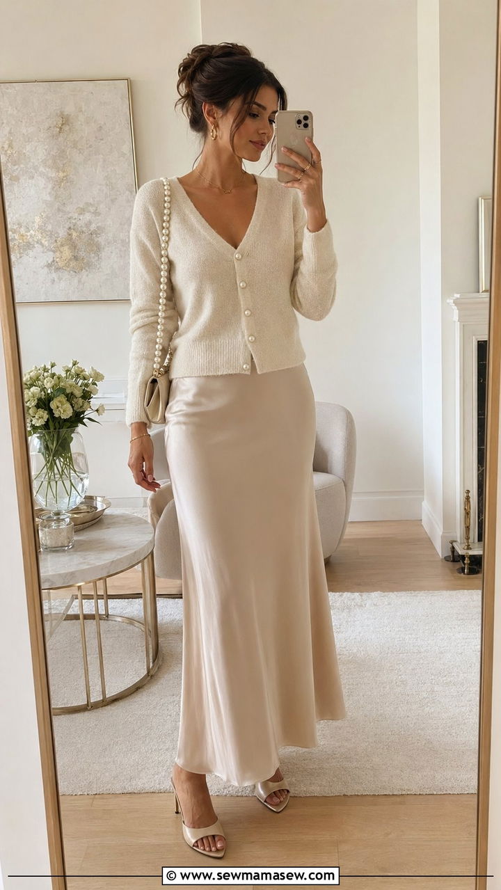 Pearl Cardigan And Satin Slip Skirt - 35 romantic outfits ideas