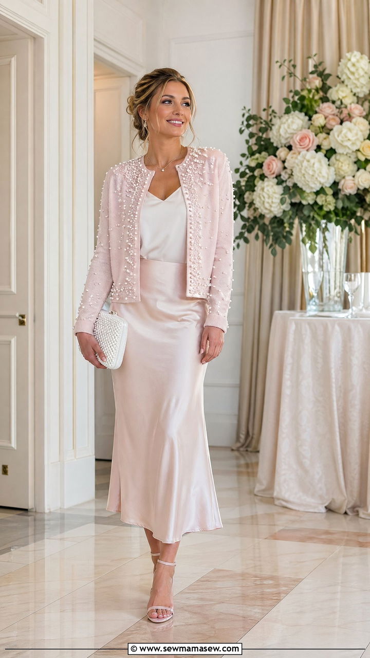 Pearl Embellished Cardigan with Slip Skirt and Strappy Sandals - 35 spring preppy outfits
