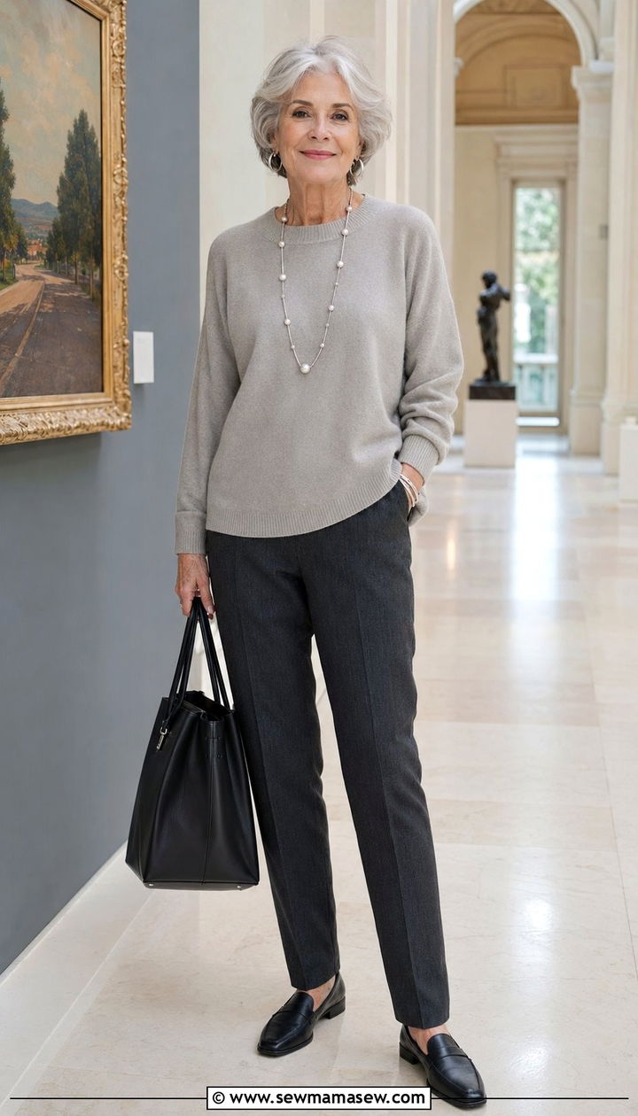 Pearl Gray Cashmere Sweater with Dark Trousers - 35 Outfit ideas for women over 70 2026