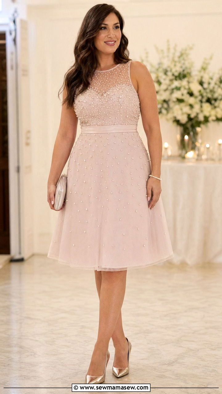 Pearl embellished cocktail dress with pointed pumps - 30 wedding guest outfits for pear shaped body