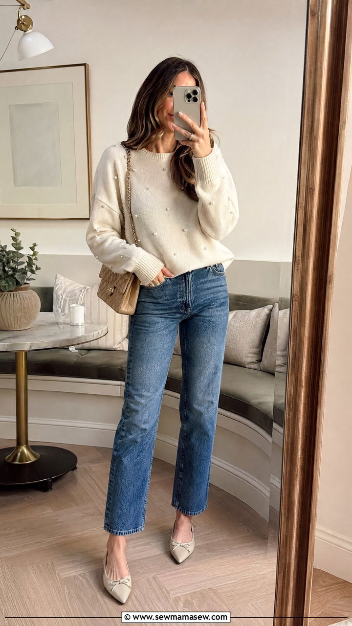 Pearl embellished sweater and jeans outfit - 35 classy brunch outfits