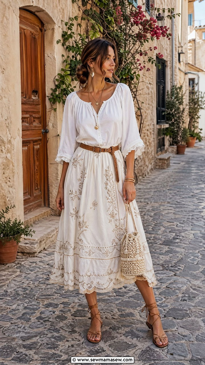 Peasant Blouse With Embroidered Midi Skirt - 35 Summer vacation outfits