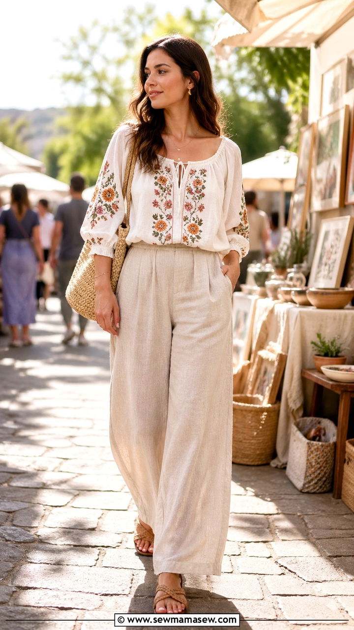 Peasant Blouse With Wide Leg Linen Pants - 30 spring cottagecore outfits