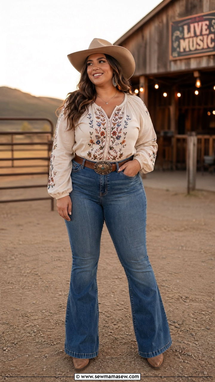 Peasant Top and Flared Jeans Curvy Country Outfit - 35 Concert outfits for curvy women