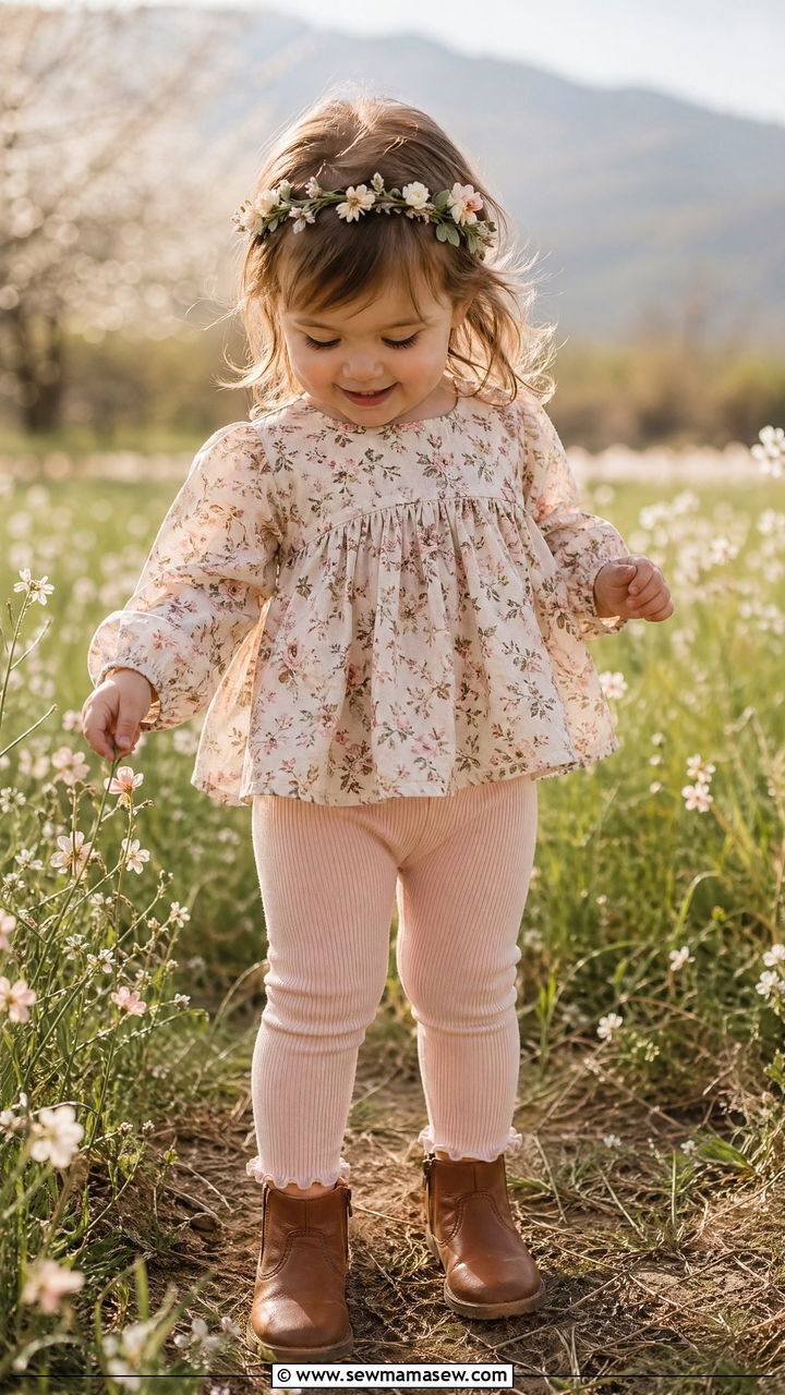 Peasant Top with Ribbed Leggings and Booties - 35 Spring outfits for toddlers