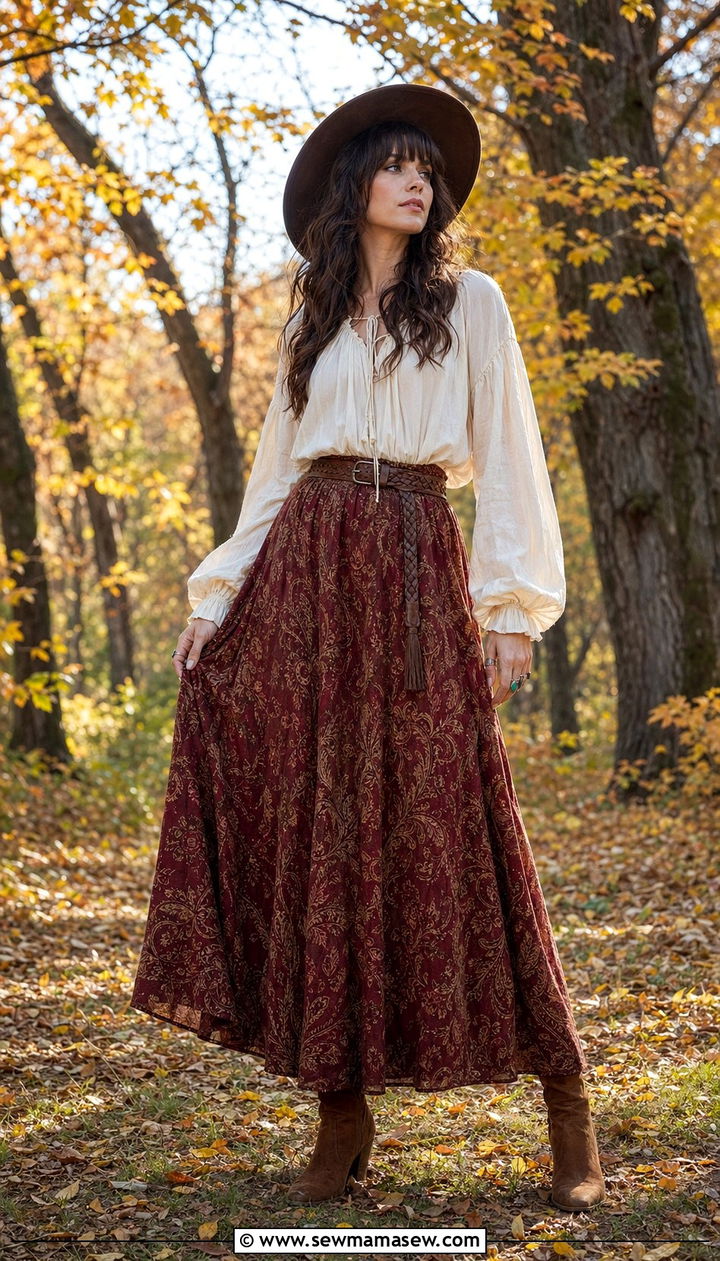 Peasant blouse with a paisley maxi skirt - 30 Whimsigoth outfit ideas