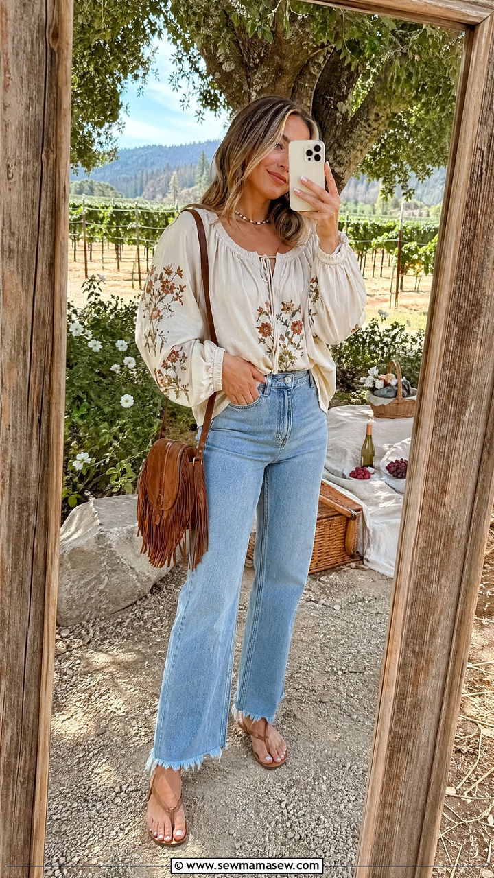 Peasant top and frayed hem jeans - 35 Summer outfits with jeans