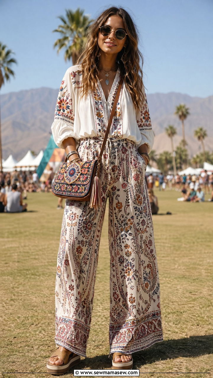Peasant top wide leg pants and embroidered crossbody bag - 35 Crossbody bag outfit ideas
