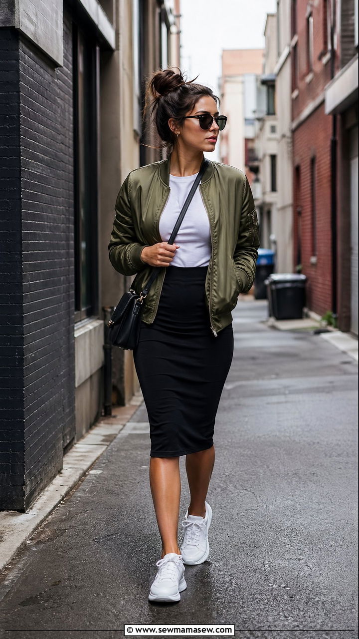 Pencil Skirt With Bomber Jacket Street Style - 35 cute pencil skirt outfits