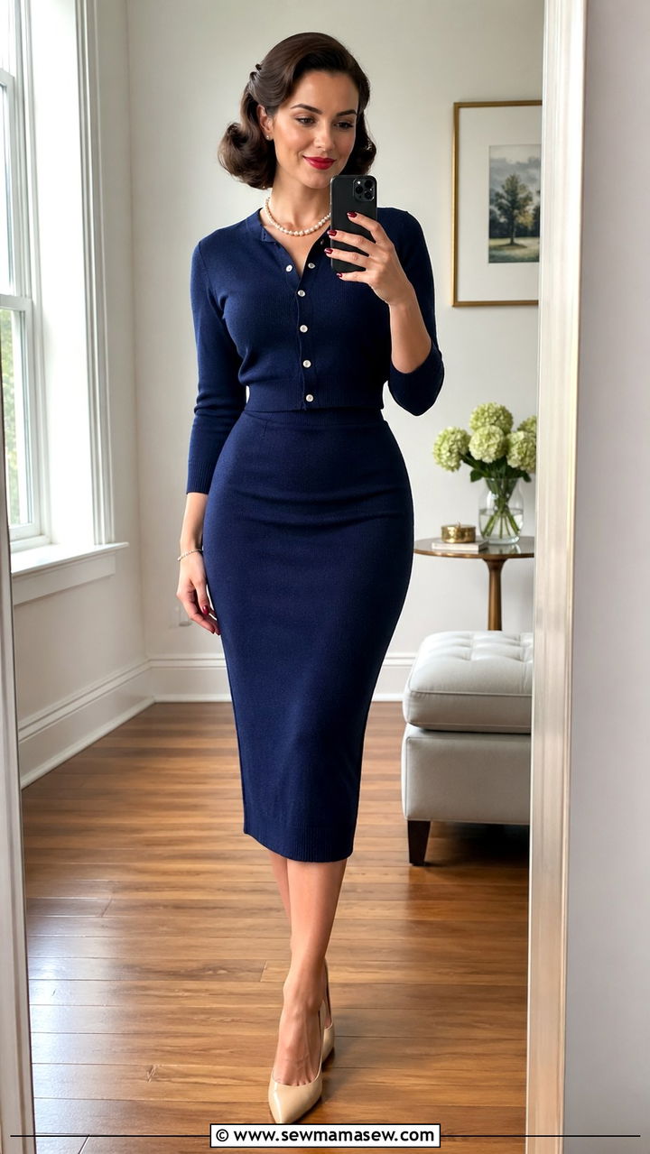Pencil Skirt With Sweater Set - 30 Retro 40s outfit ideas
