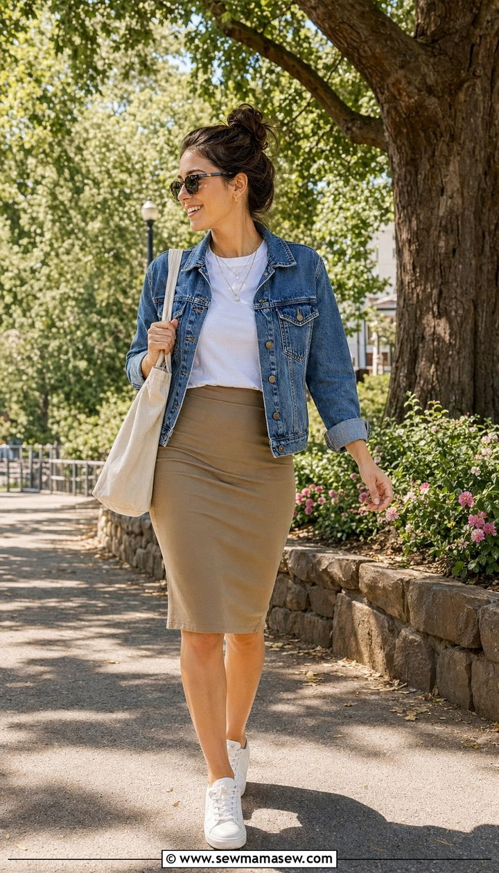 Pencil Skirt with Denim Jacket and White Sneakers - 35 pencil skirt outfits for women