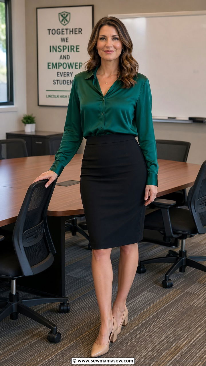 Pencil Skirt with Silk Blouse and Low Block Heels - 35 teacher outfit ideas for women