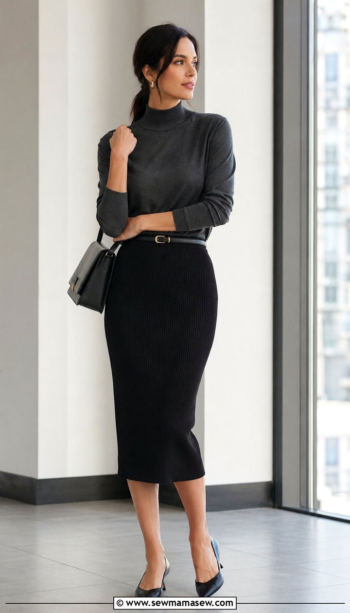 Pencil midi skirt with mock neck top and kitten heels - 35 Modest outfit ideas for office
