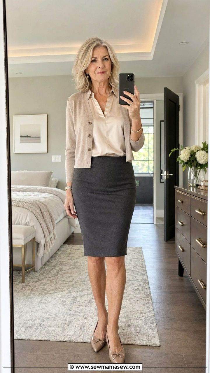 Pencil skirt with a silky blouse - 30 Best skirts for women over 60