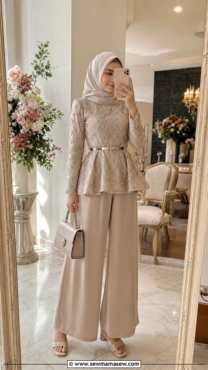 Peplum Top With Palazzo Pants And Square Hijab - 30 wedding guest outfits for hijab women