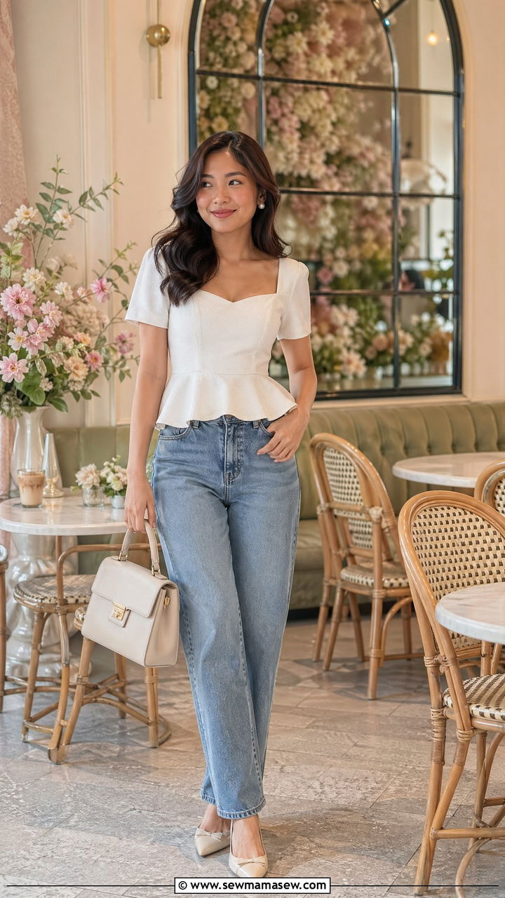Peplum Top and Straight Leg Jeans - 35 Cute outfits for petite women