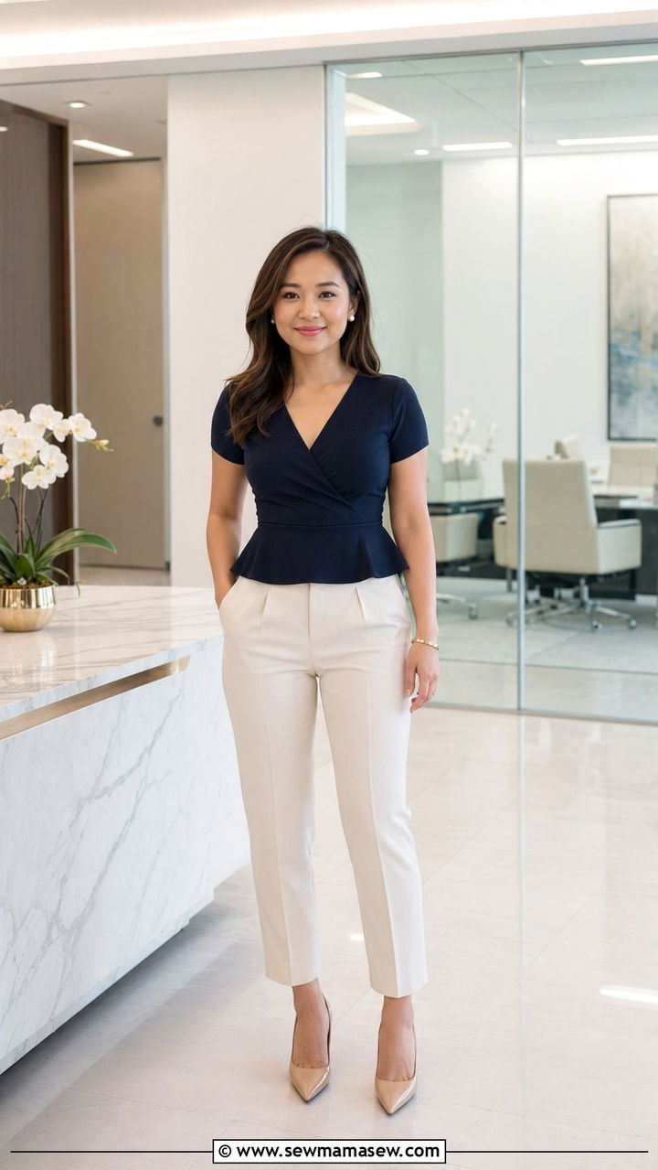 Peplum Top with High Waisted Trousers and Pumps - 35 Outfit ideas for short women