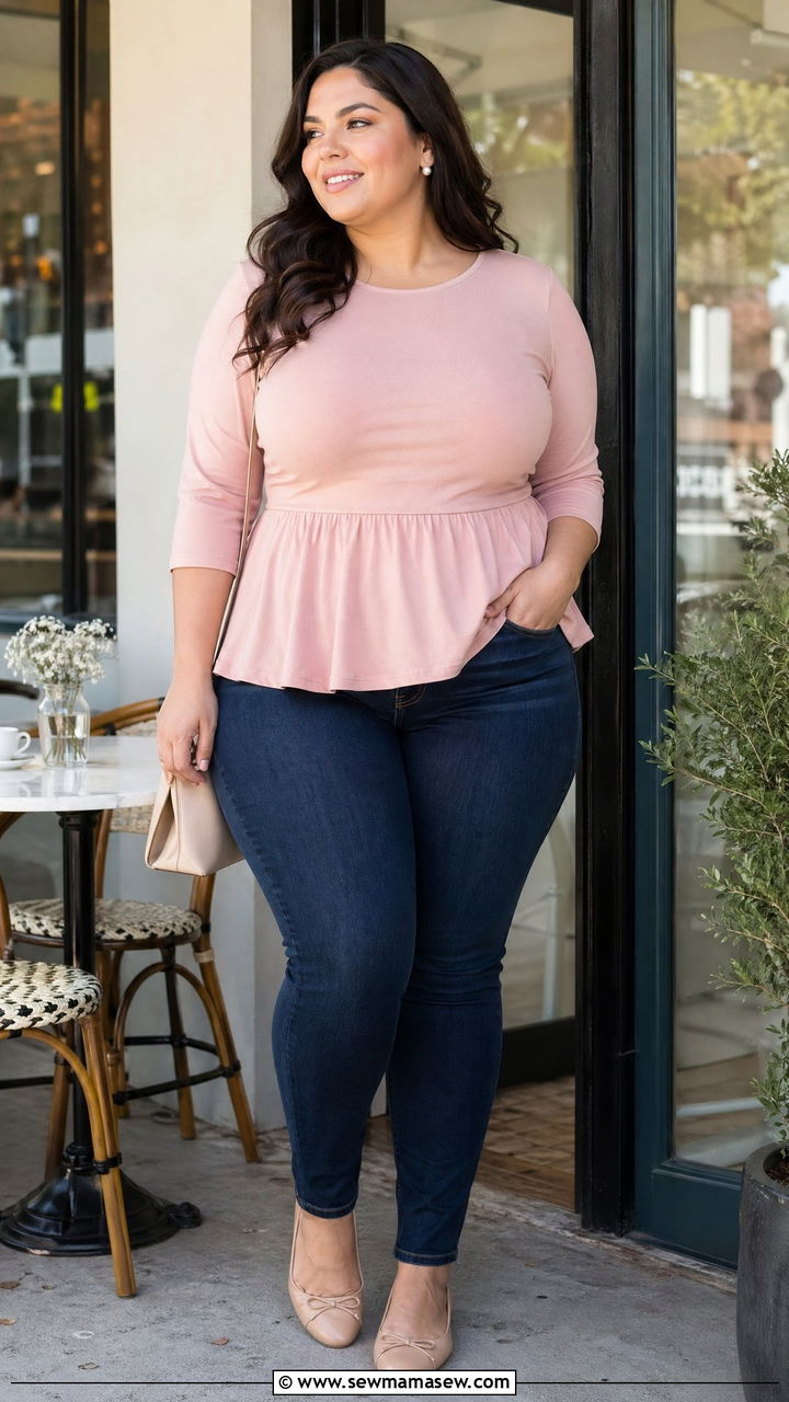 Peplum Top with Skinny Jeans and Ballet Flats - 35 casual outfits for curvy women