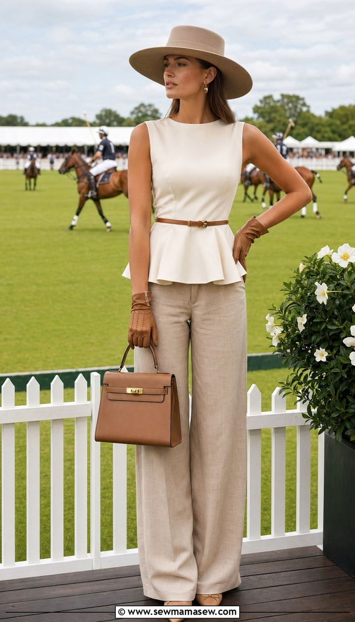 Peplum Top with Wide Leg Linen Trousers and Driving Gloves - 35 Old money vacation outfit ideas