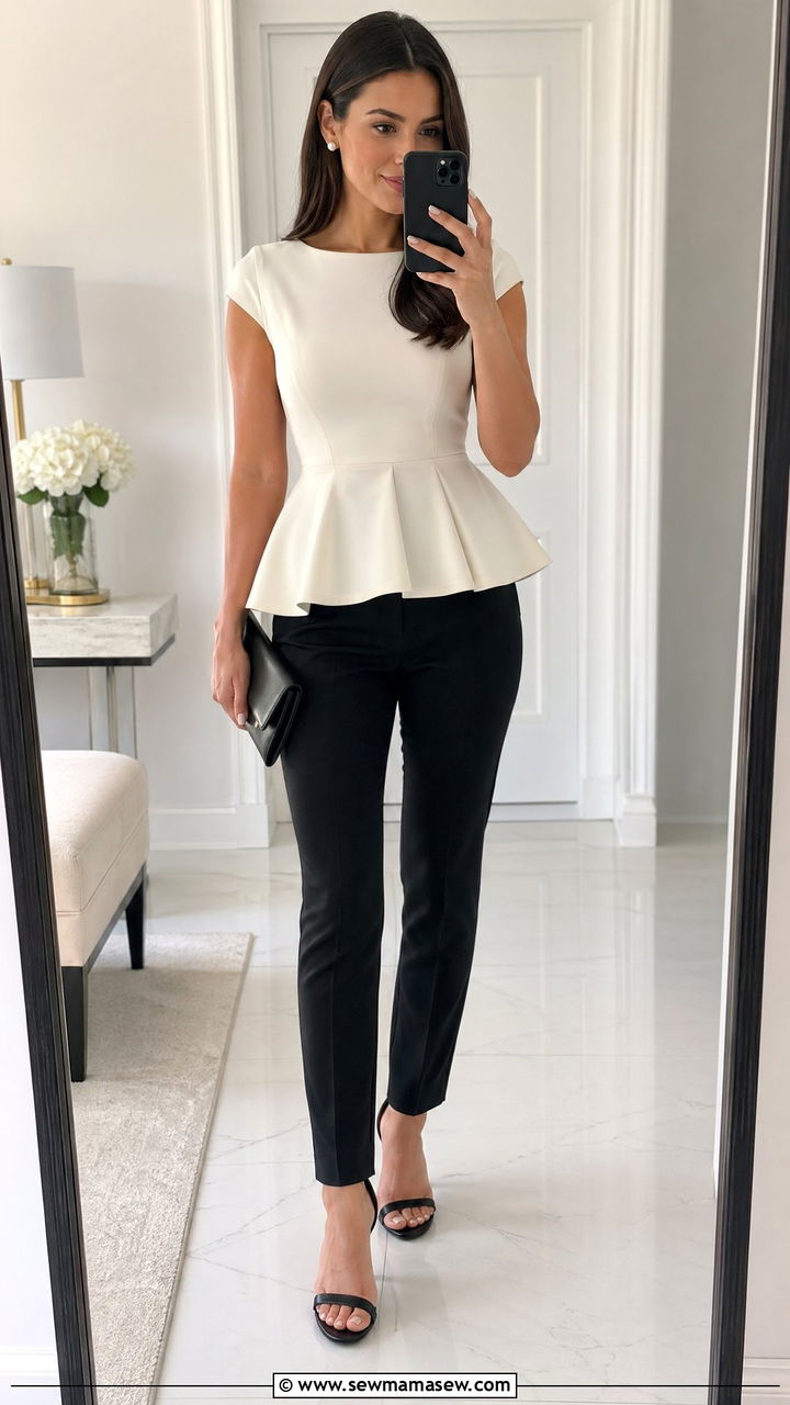 Peplum top with tailored black trousers - 35 classy job interview outfit ideas