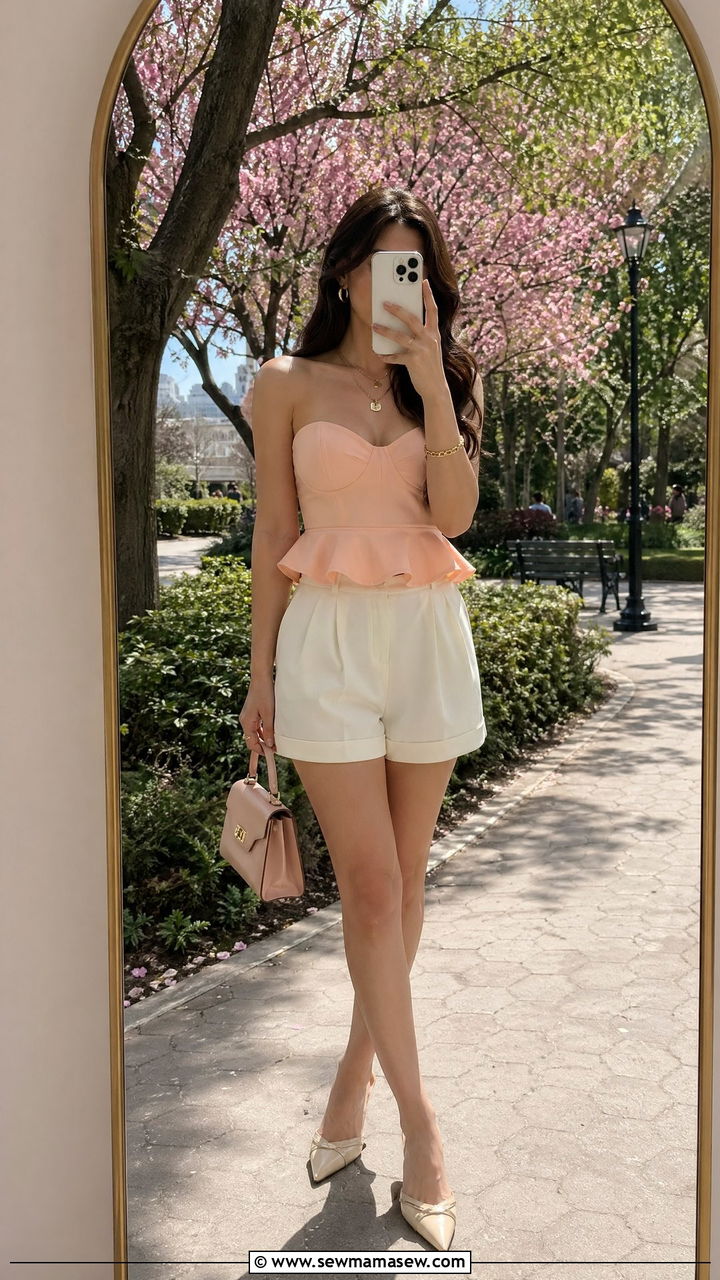 Peplum top with tailored shorts - 35 spring romantic outfit ideas