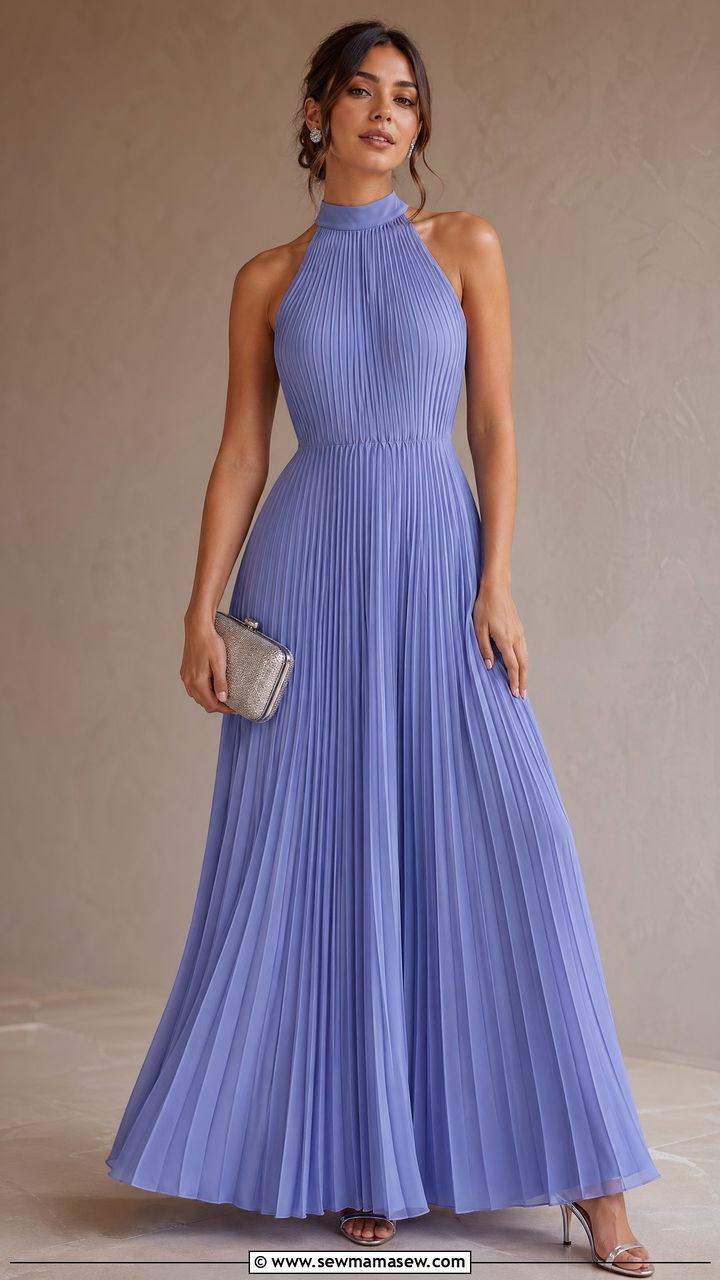 Periwinkle pleated maxi dress with metallic silver heels wedding guest outfit - 35 Spring 2026 wedding guest outfit ideas