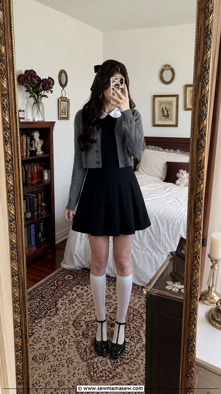 Peter Pan Collar Dress Outfit With Cardigan And Knee Socks - 35 Dark academia outfit ideas