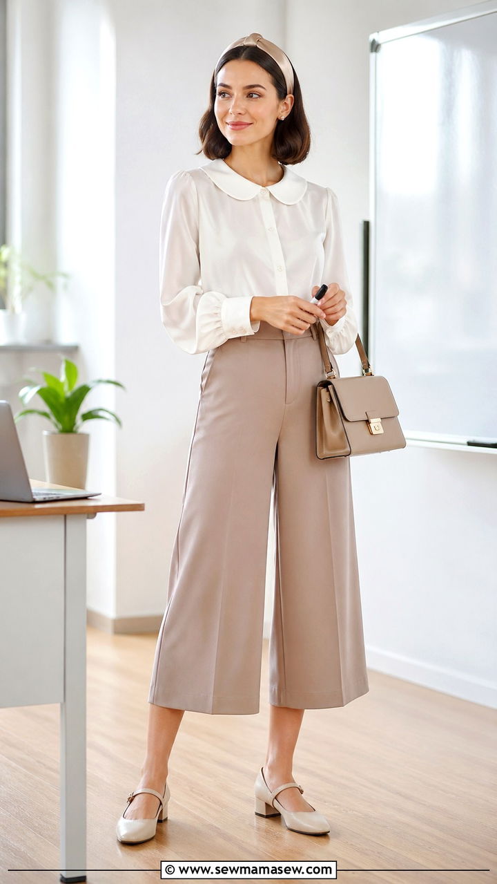 Peter Pan collar blouse with culottes outfit - 30 romantic capsule wardrobe outfits