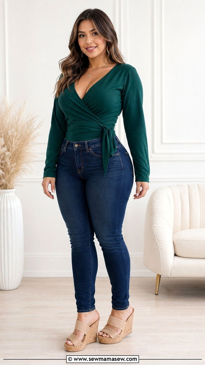 Petite Curvy Skinny Jeans With A Wrap Top And Wedge Heels - 30 Best jeans for petite women