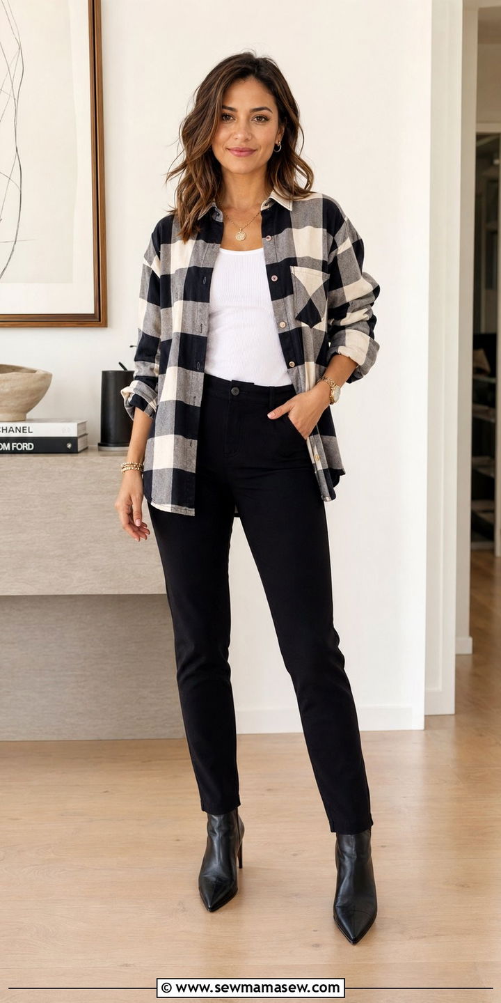 Petite Graphic Check Shirt And Black Trousers Outfit 2026 - 35 Petite outfit ideas 2026