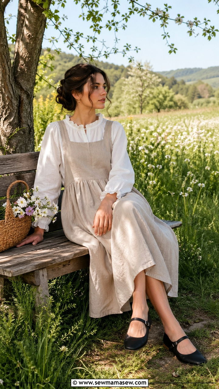 Pinafore Dress Over A Long Sleeve Blouse With Mary Janes - 30 Spring countryside outfits