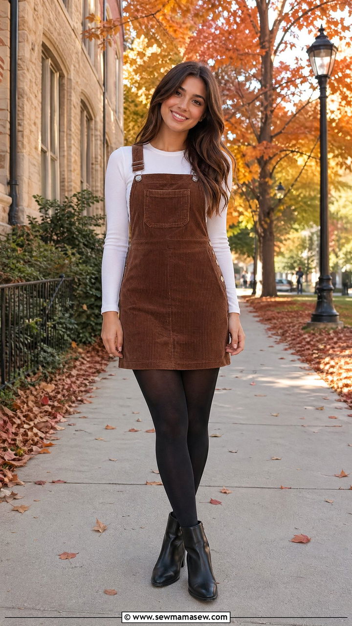 Pinafore Dress over Long Sleeve Tee with Tights and Ankle Boots - 35 college outfits ideas