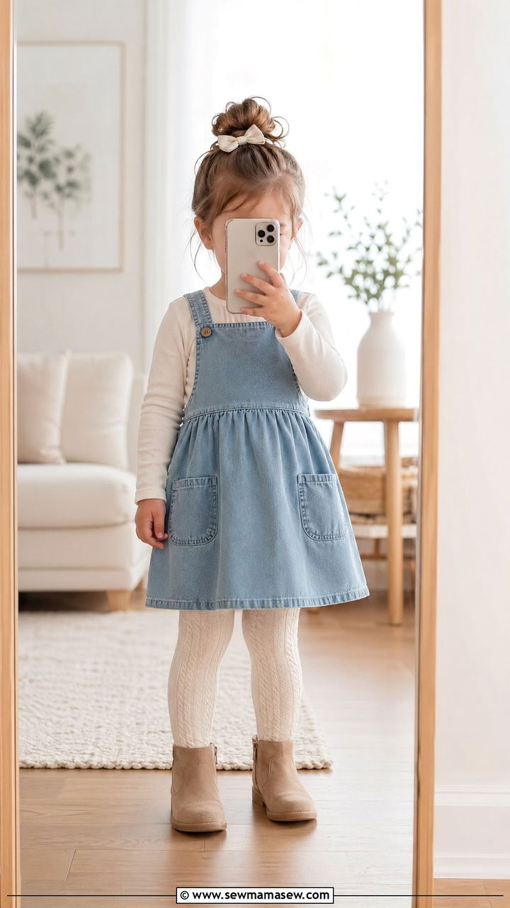 Pinafore Dress with Long Sleeve Tee and Tights - 35 Spring outfits for toddlers