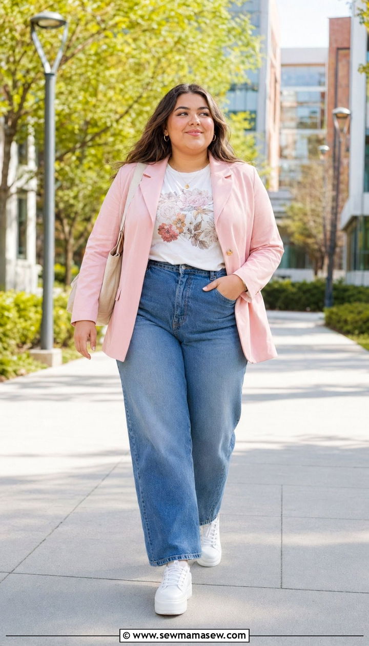 Pink Blazer With Graphic Tee And High Waisted Straight Jeans - 30 Back to school outfit ideas plus size college