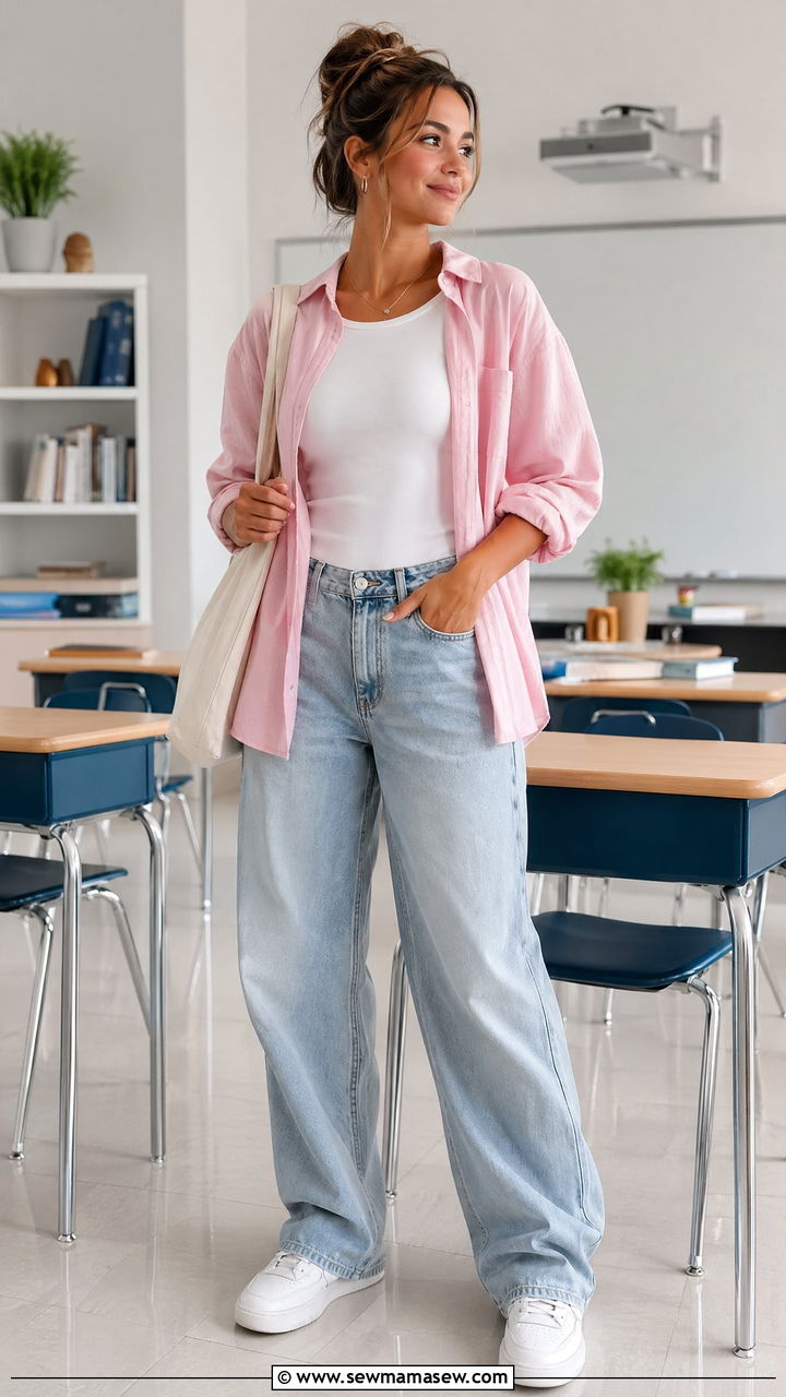 Pink Blouse Layered Over White Shirt With Baggy Jeans and Sneakers - 35 teacher outfits for women
