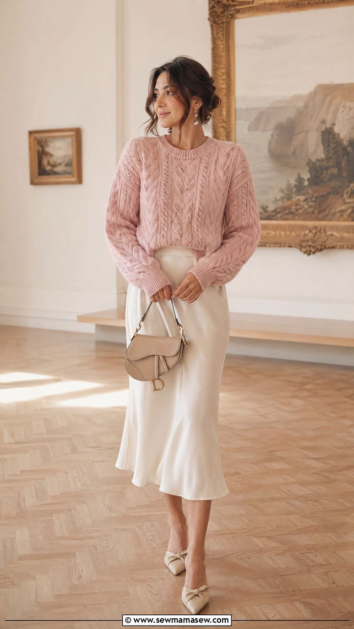 Pink Cable Knit Sweater and Ivory Skirt Outfit - 35 Spring pink outfit ideas
