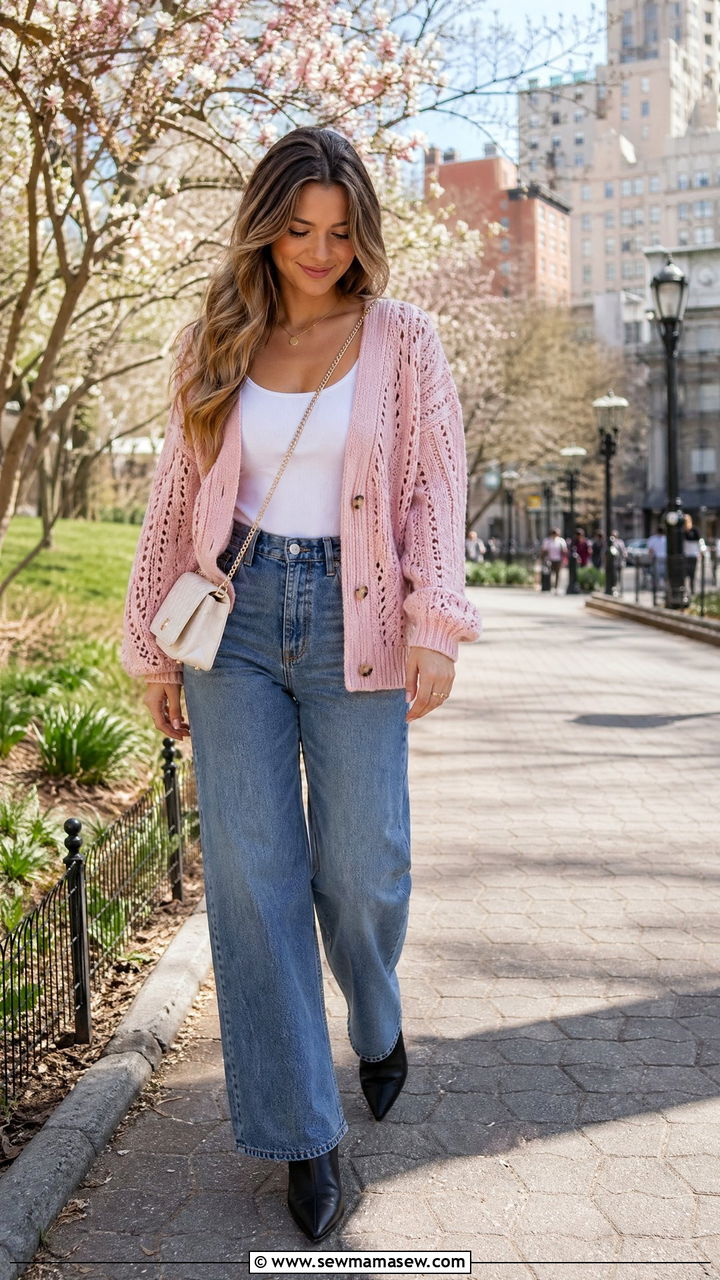 Pink Cardigan With White Tank And Jeans - 35 Spring outfits in pink